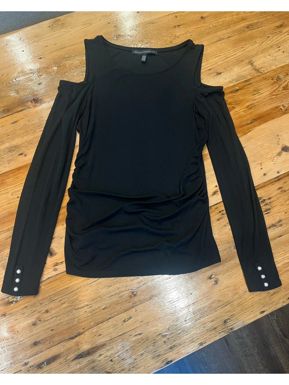 White House Black Market Black Cold-Shoulder Long Sleeve Top with Side Ruching